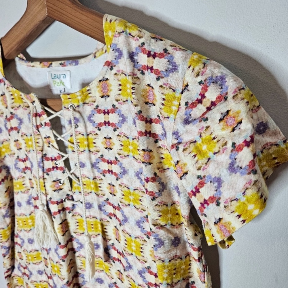 Laura Park Ikat Dress Cotton Yellow Pink Fringe Hem Lace Collar Short Sl…